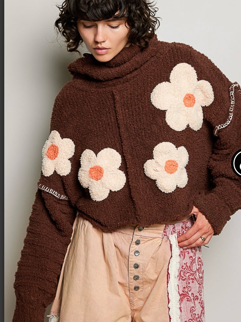POL Brown Chenille Polar Sweater with Cream Floral Appliqués SMALL